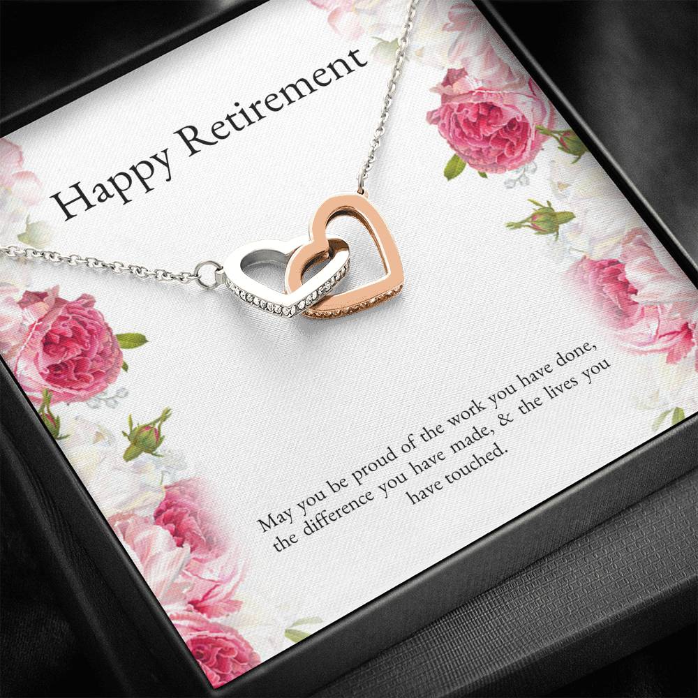 Retirement Gifts, Lives You Touched, Happy Retirement Interlocking Heart Necklace For Women, Retirement Party Favor From Friends Coworkers
