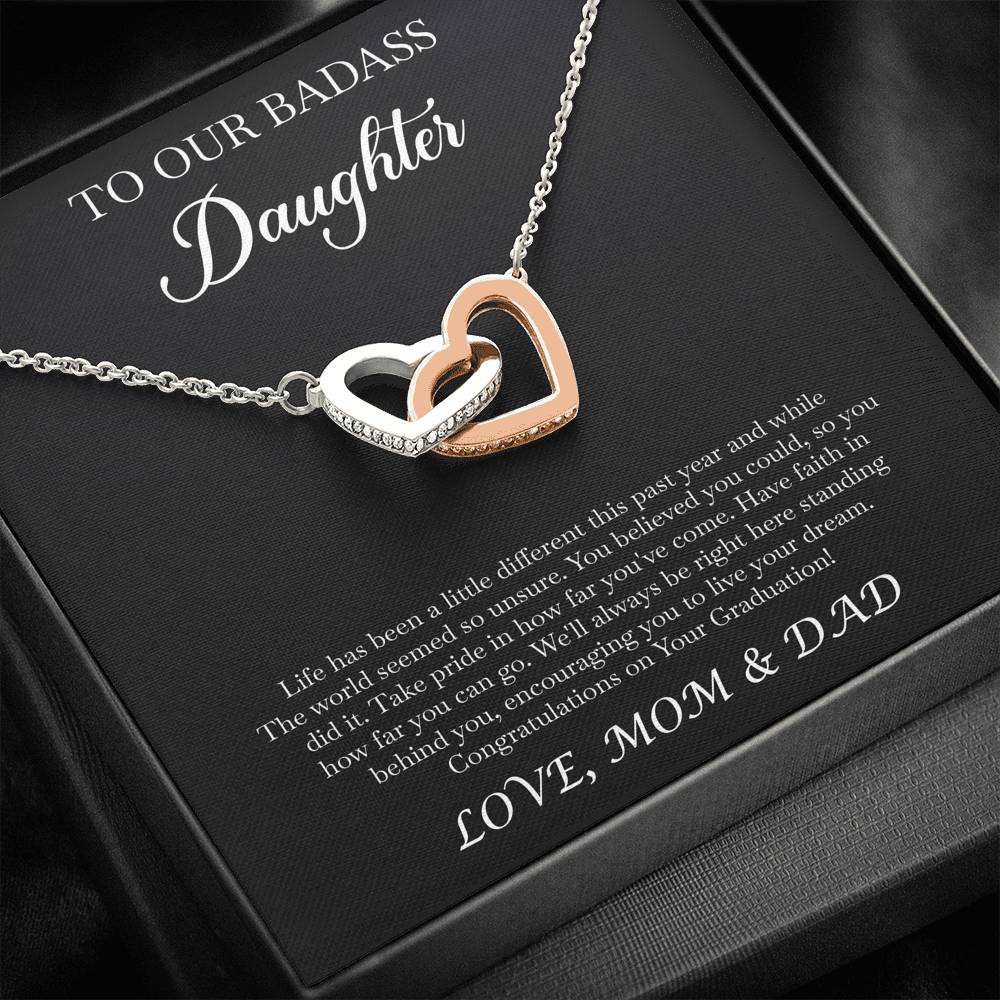 To My Badass Daughter Gifts, Congratulations, Interlocking Heart Necklace For Women, Graduation Present Ideas From Mom Dad