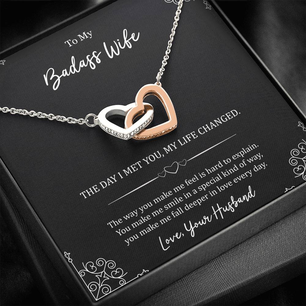 To My Badass Wife, The Day I Met You My Life Changed, Interlocking Heart Necklace For Women, Anniversary Birthday Gifts From Husband