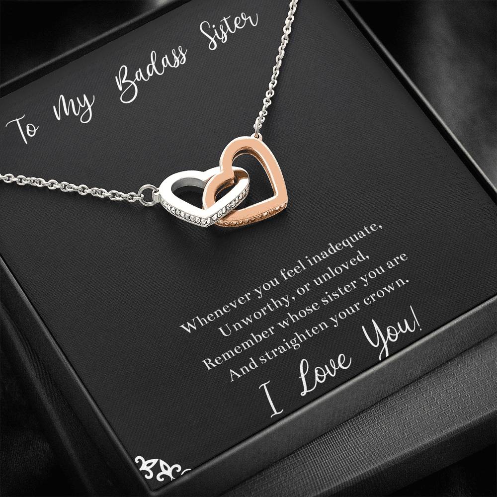 To My Badass Sister Gifts, I Love You, Interlocking Heart Necklace For Women, Birthday Present Idea From Sister