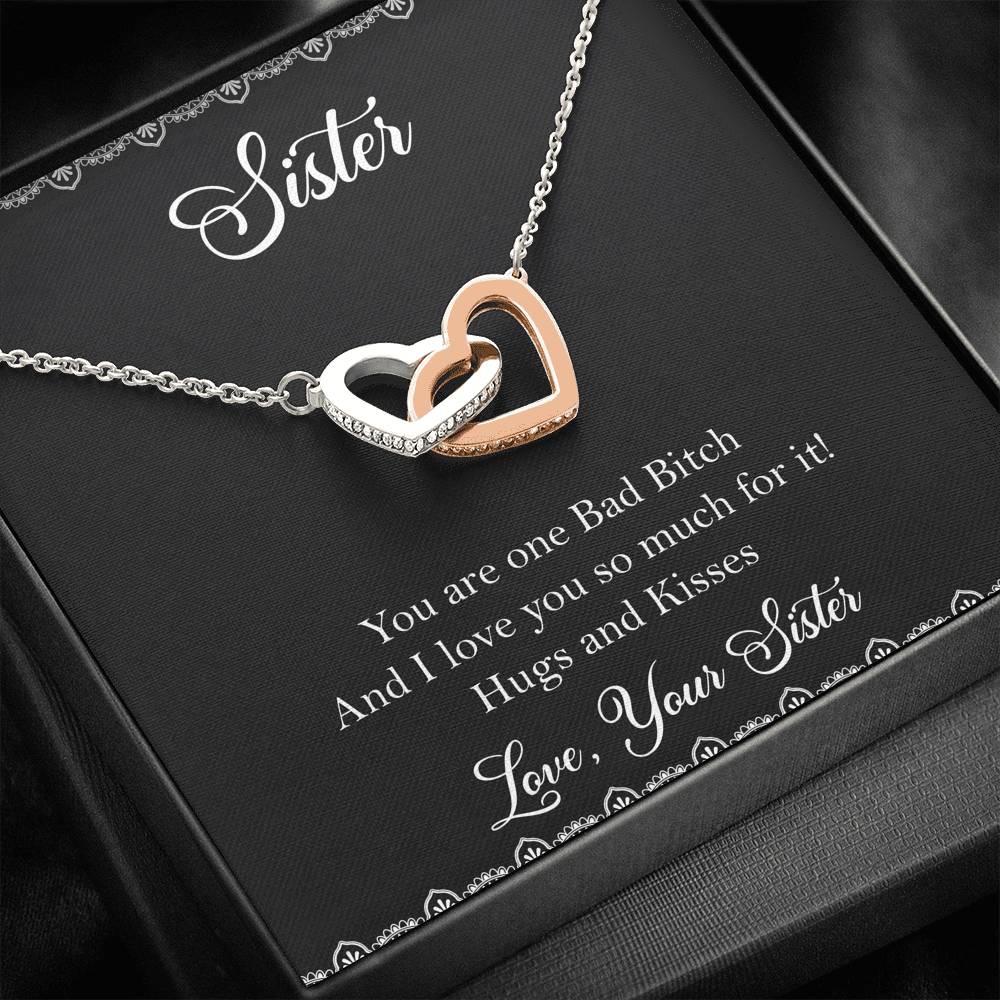 To My Badass Sister Gifts, Hugs And Kisses, Interlocking Heart Necklace For Women, Birthday Present Idea From Sister
