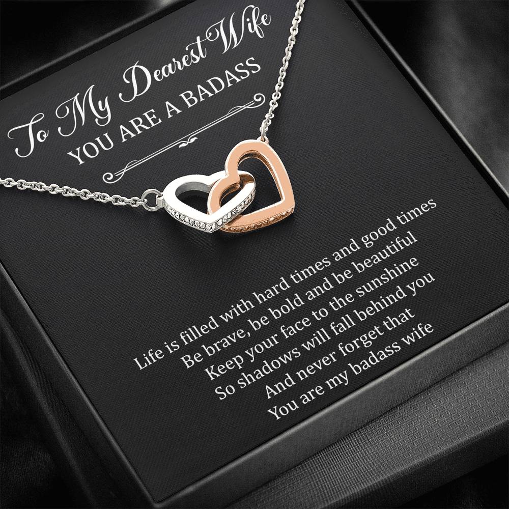To My Badass Wife, Be Brave, Interlocking Heart Necklace For Women, Anniversary Birthday Valentines Day Gifts From Husband