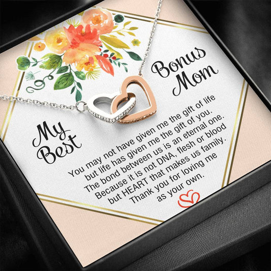 To My Bonus Mom Gifts, Keep me in your heart I will stay there forever, Interlocking Heart Necklace For Women, Present Idea From Bonus Child