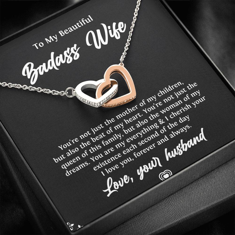 To My Badass Wife, Beat Of My Heart, Interlocking Heart Necklace For Women, Anniversary Birthday Valentines Day Gifts From Husband