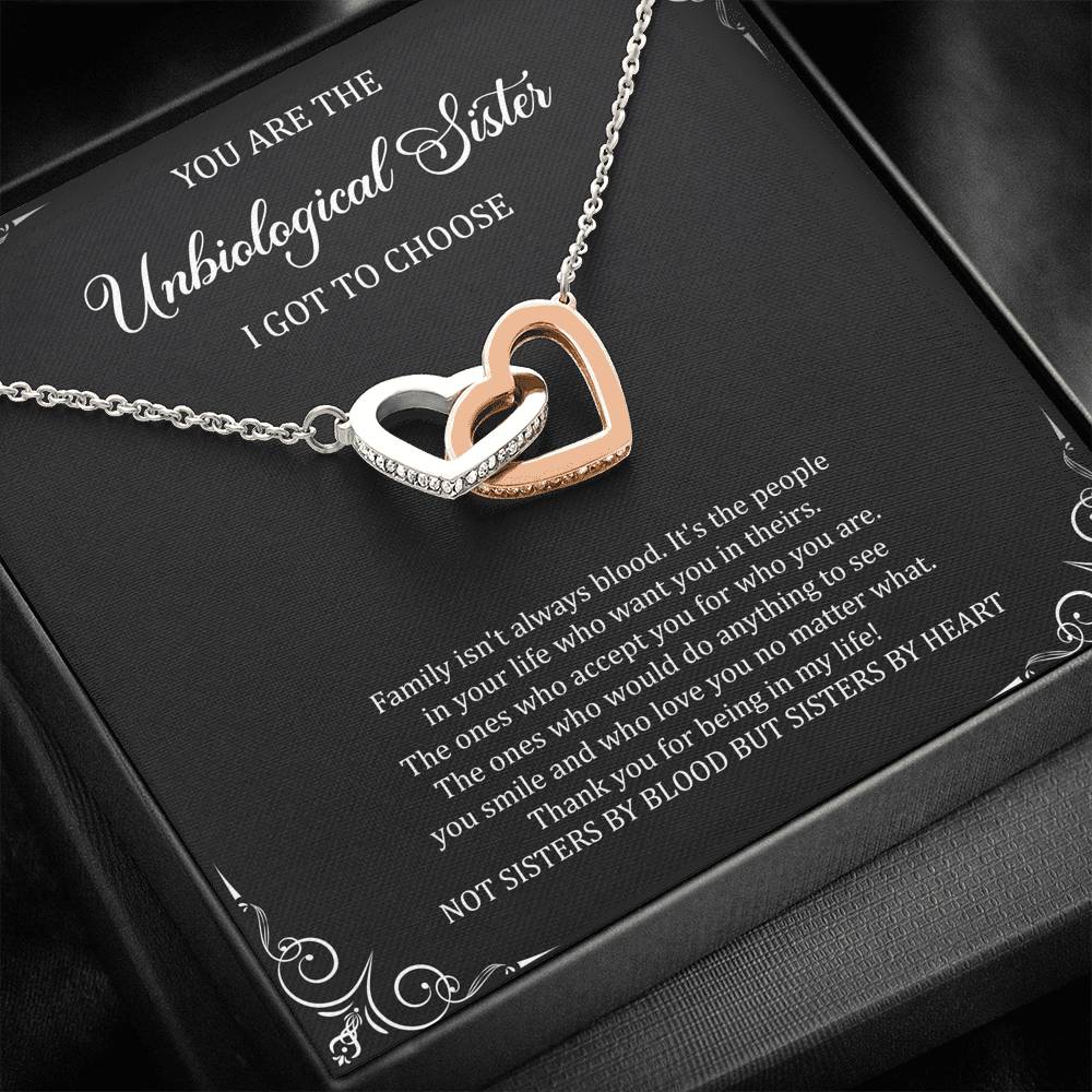 To My Unbiological Sister Gifts, Family Isn't Always Blood, Interlocking Heart Necklace For Women, Birthday Present Idea From Sister-in-law