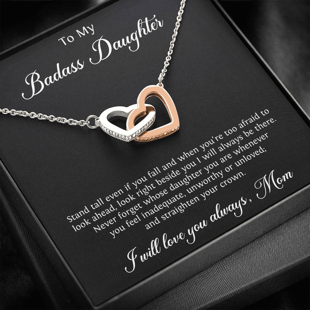 To My Badass Daughter Gifts, Stand Tall Even If You Fall, Interlocking Heart Necklace For Women, Birthday Present Idea From Mom