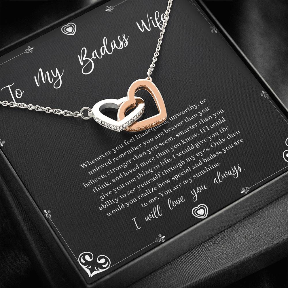 To My Badass Wife, You Are My Sunshine, Interlocking Heart Necklace For Women, Anniversary Birthday Valentines Day Gifts From Husband