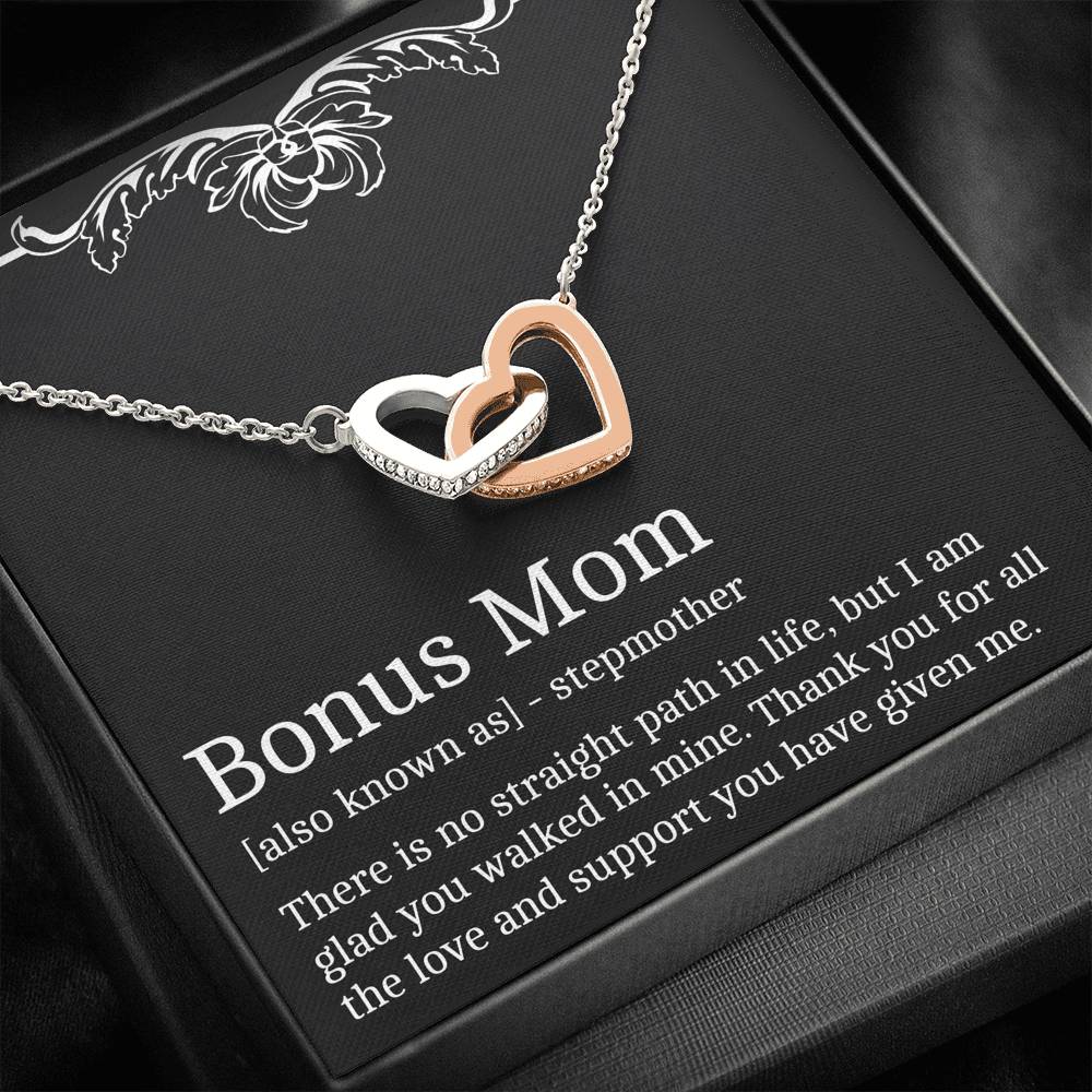 To My Bonus Mom Gifts, Thank You For All The Love, Interlocking Heart Necklace For Women, Birthday Mothers Day Present From Bonus Daughter