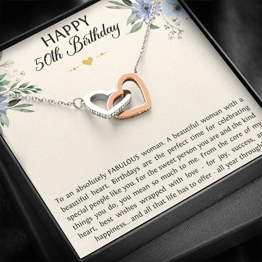 Fabulous Woman Interlocking Heart Necklace - Happy Birthday Message | 50th Birthday Gift