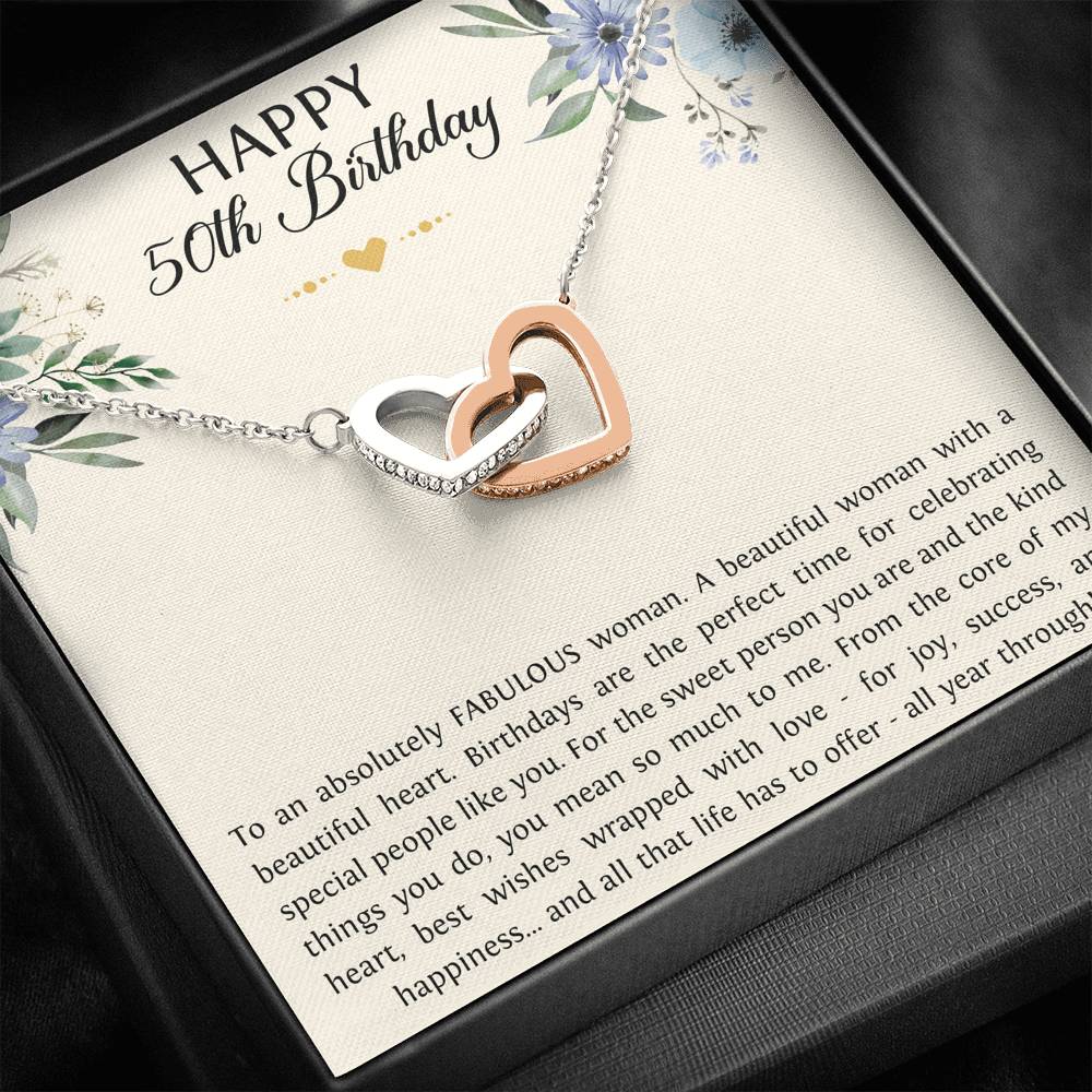 50th Birthday Gifts For Women, To A Fabulous Woman, Interlocking Heart Necklace, Happy Birthday Message Card Jewelry For Mom