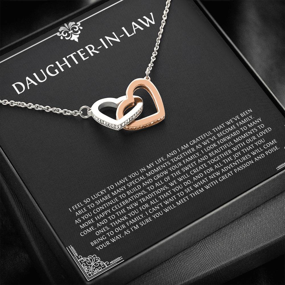 To My Daughter-in-law Gifts, I'm Lucky To Have You, Interlocking Heart Necklace For Women, Birthday Present Idea From Mother-in-law