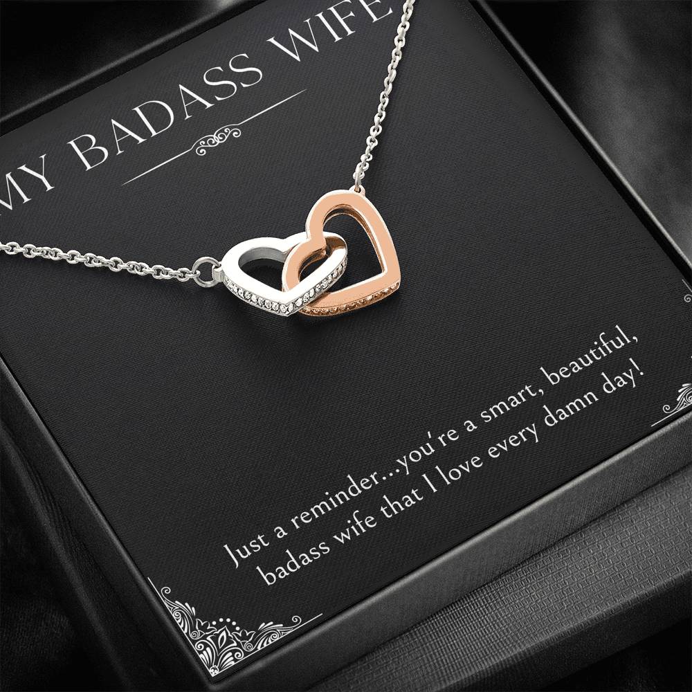 To My Badass Wife, Just A Reminder, Interlocking Heart Necklace For Women, Anniversary Birthday Valentines Day Gifts From Husband