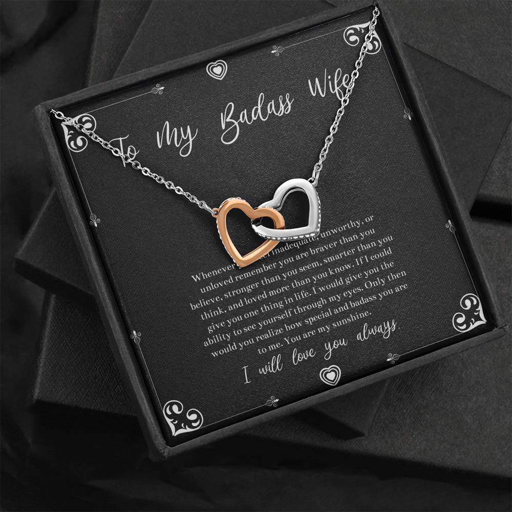 To My Badass Wife, You Are My Sunshine, Interlocking Heart Necklace For Women, Anniversary Birthday Valentines Day Gifts From Husband