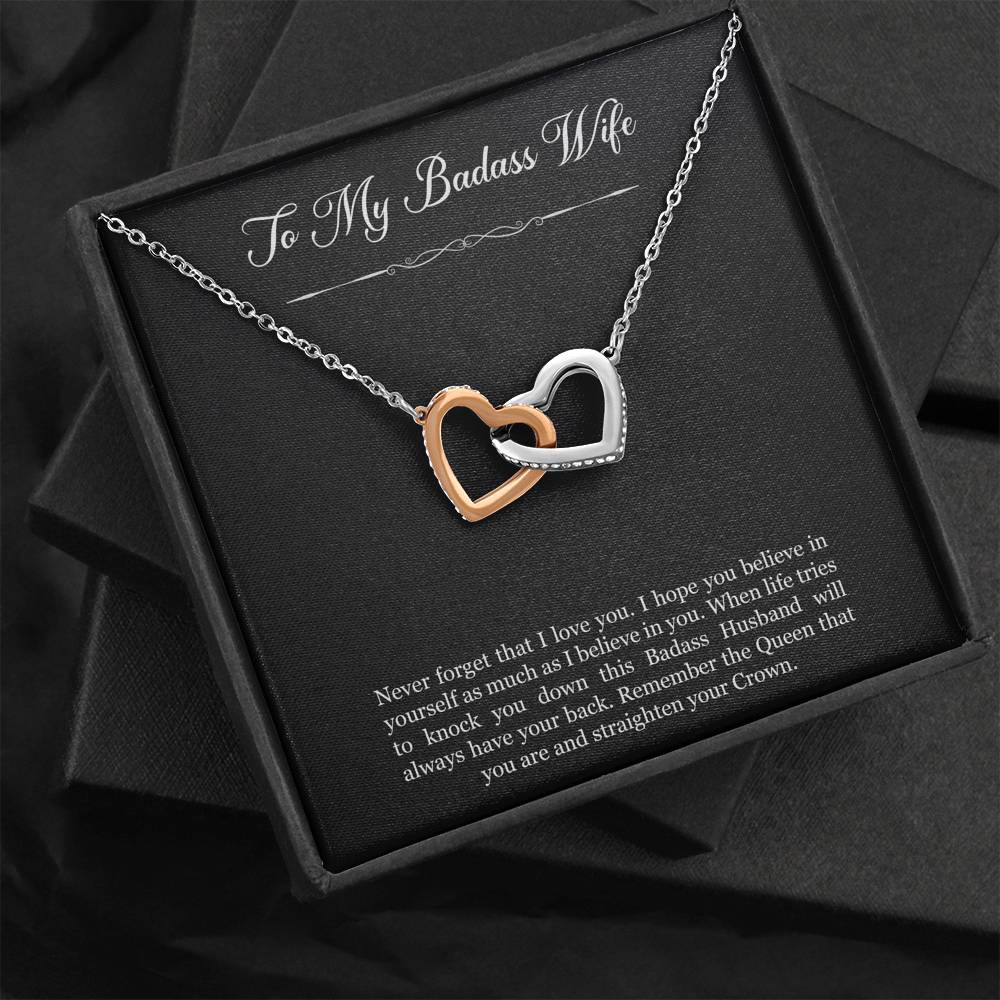 To My Badass Wife, Never Forget That I Love You, Interlocking Heart Necklace For Women, Anniversary Birthday Gifts From Husband