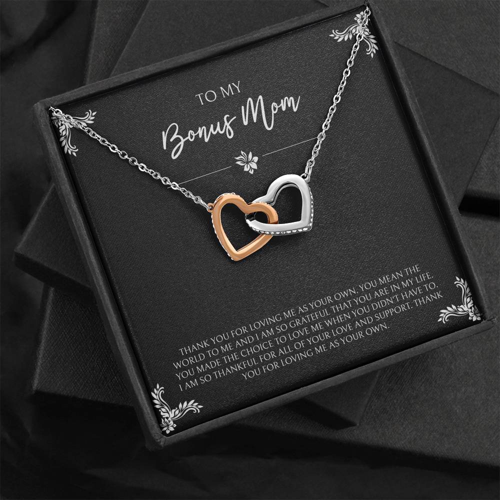 To My Bonus Mom Gifts, You Mean The World To Me , Interlocking Heart Necklace For Women, Birthday Mothers Day Present From Bonus Daughter