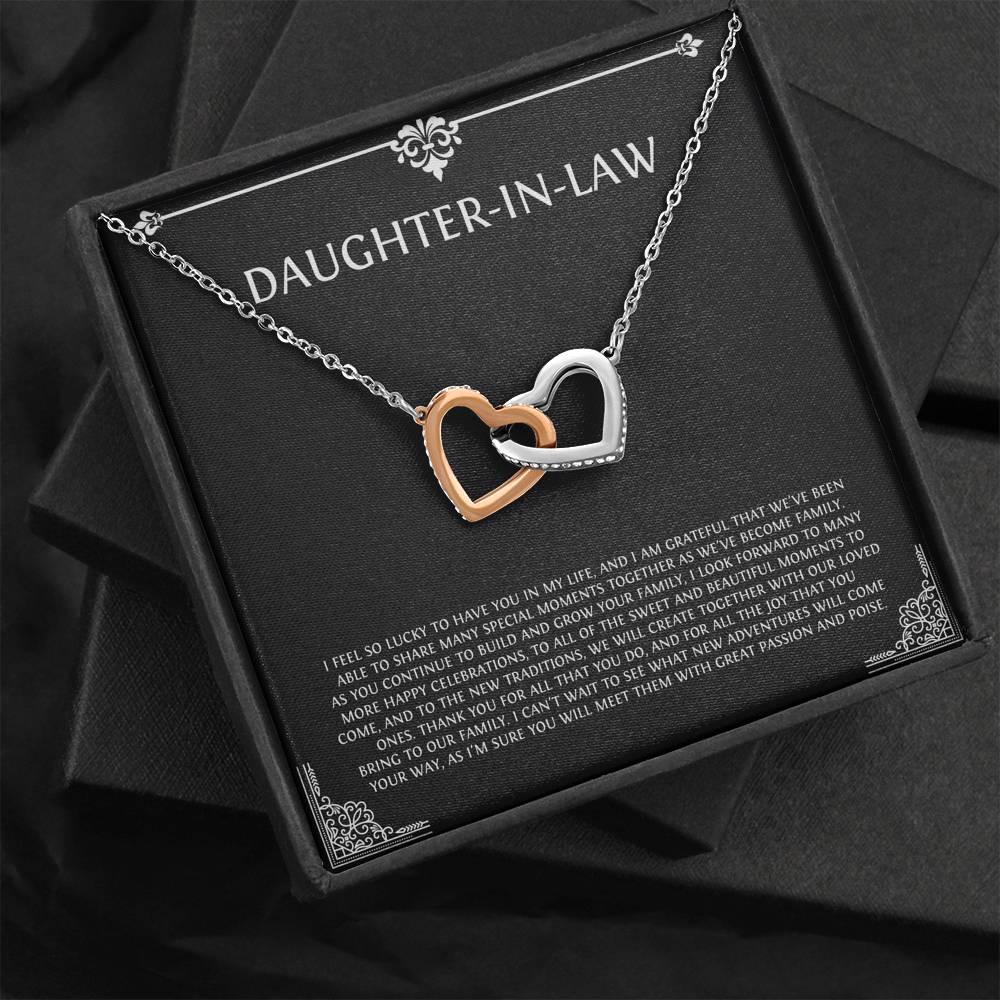 To My Daughter-in-law Gifts, I'm Lucky To Have You, Interlocking Heart Necklace For Women, Birthday Present Idea From Mother-in-law