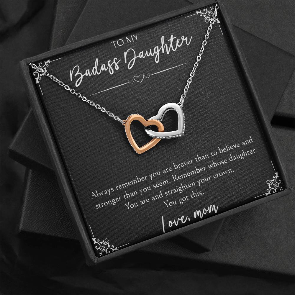 To My Badass Daughter Gifts, You Are Braver Than You Believe, Interlocking Heart Necklace For Women, Birthday Present Idea From Mom