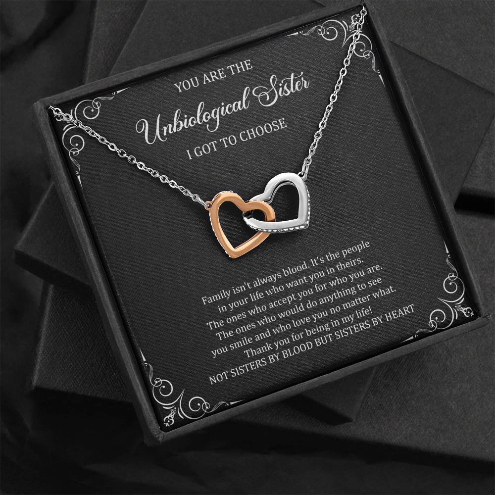 To My Unbiological Sister Gifts, Family Isn't Always Blood, Interlocking Heart Necklace For Women, Birthday Present Idea From Sister-in-law