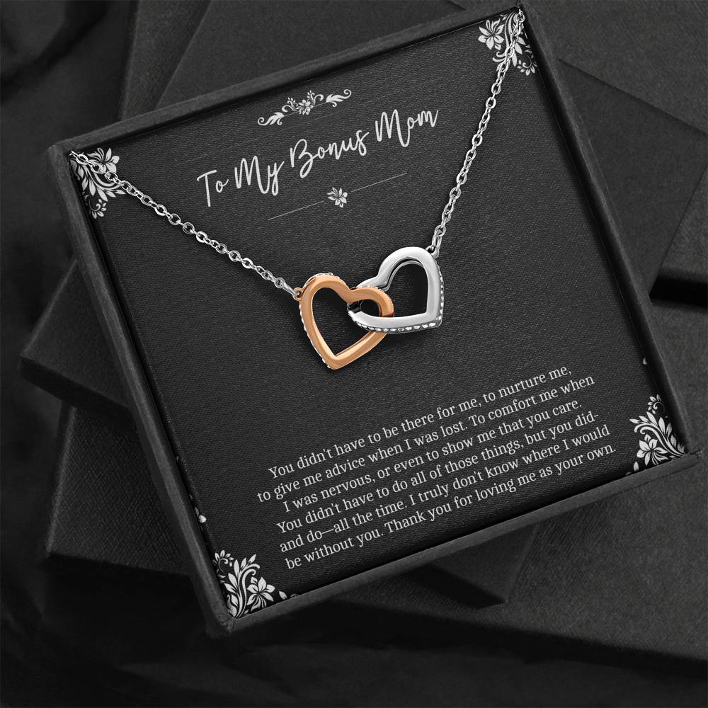 To My Bonus Mom Gifts, Thank You For Loving Me, Interlocking Heart Necklace For Women, Birthday Mothers Day Present From Bonus Daughter