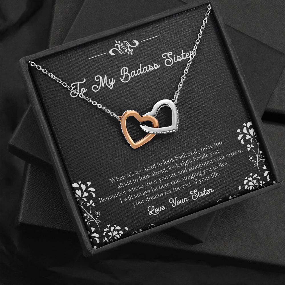 To My Badass Sister Gifts, I Will Always Be Here , Interlocking Heart Necklace For Women, Birthday Present Idea From Sister