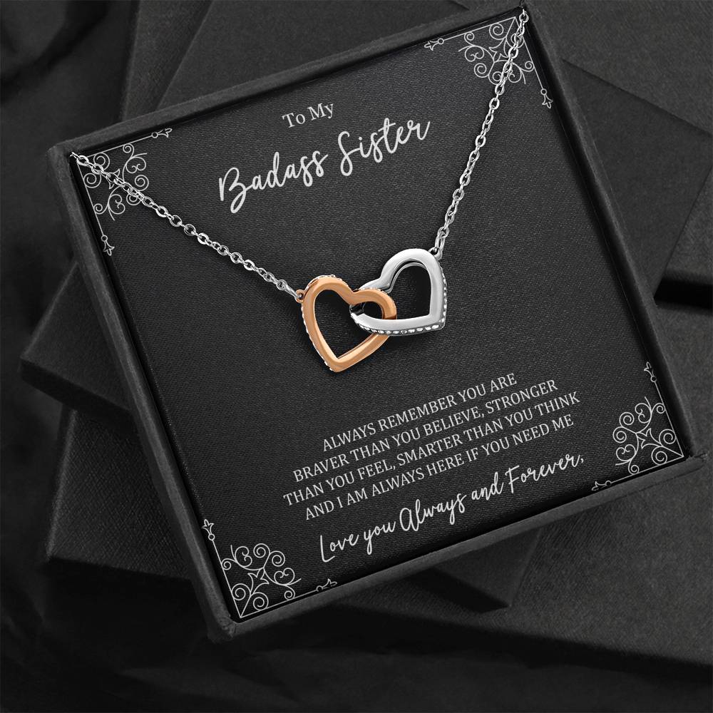 To My Badass Sister Gifts, Always Remember, Interlocking Heart Necklace For Women, Birthday Present Ideas From Sister Brother