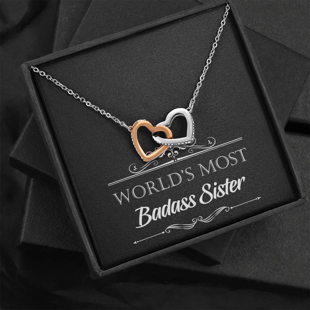 To My Badass Sister Gifts, World's Most Badass Sister, Interlocking Heart Necklace For Women, Birthday Present Idea From Sister