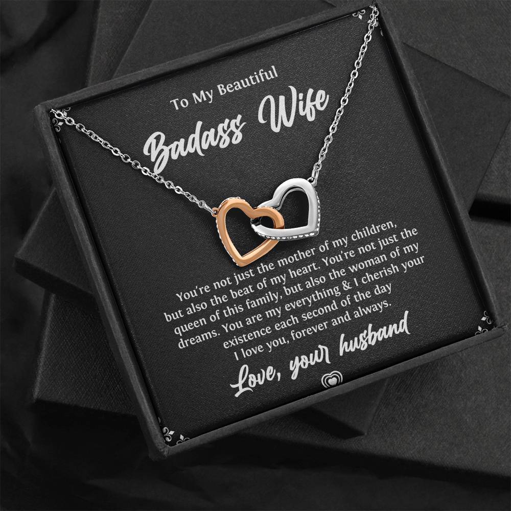 To My Badass Wife, Beat Of My Heart, Interlocking Heart Necklace For Women, Anniversary Birthday Valentines Day Gifts From Husband