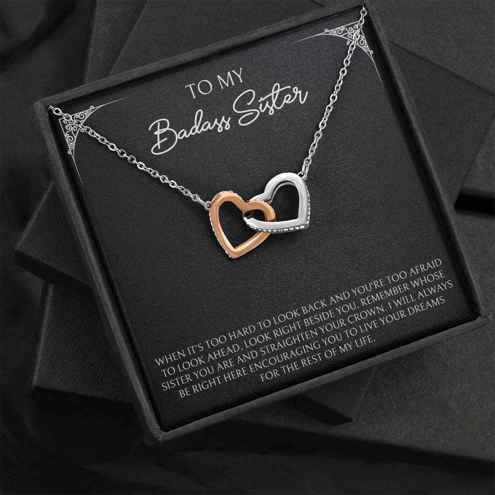 To My Badass Sister Gifts, When It's Too Hard To Look Back, Interlocking Heart Necklace For Women, Birthday Present Ideas From Sister Brother