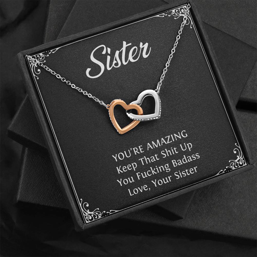 To My Badass Sister Gifts, You're Amazing, Interlocking Heart Necklace For Women, Birthday Present Idea From Sister