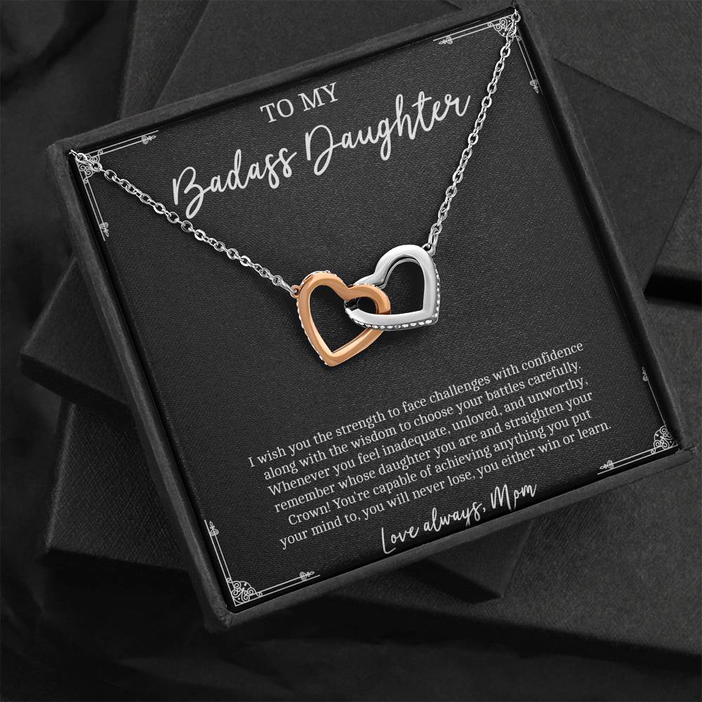 To My Badass Daughter Gifts, I Wish You Strength To Face Challenges, Interlocking Heart Necklace For Women, Birthday Present Idea From Mom