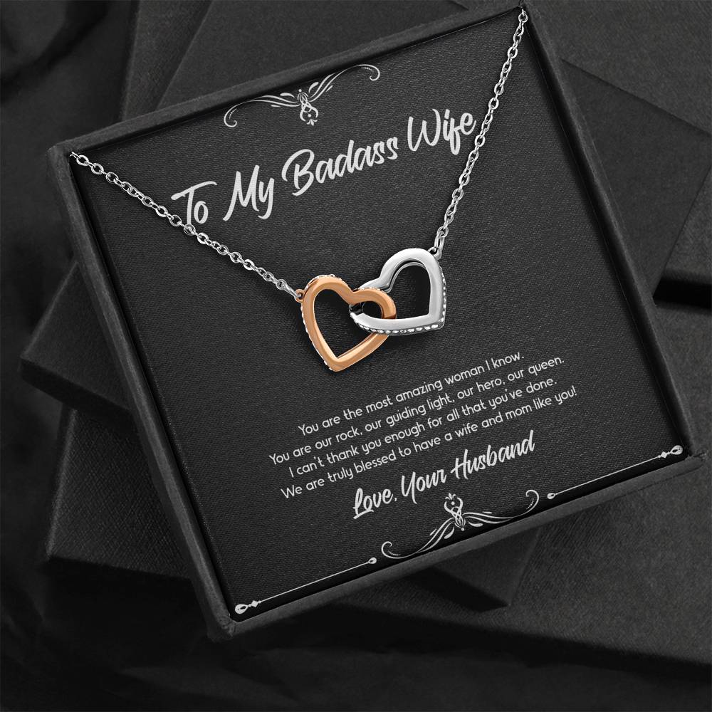 To My Badass Wife, You Are Our Rock, Interlocking Heart Necklace For Women, Anniversary Birthday Valentines Day Gifts From Husband