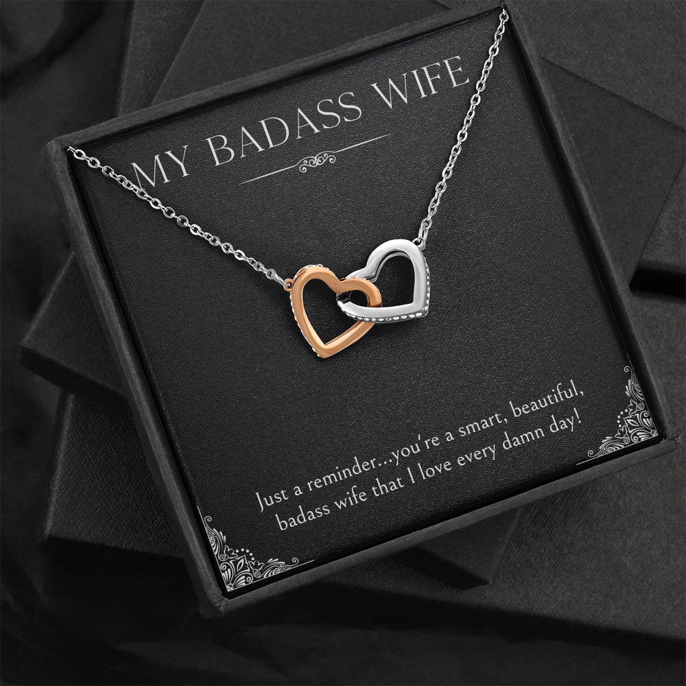 To My Badass Wife, Just A Reminder, Interlocking Heart Necklace For Women, Anniversary Birthday Valentines Day Gifts From Husband