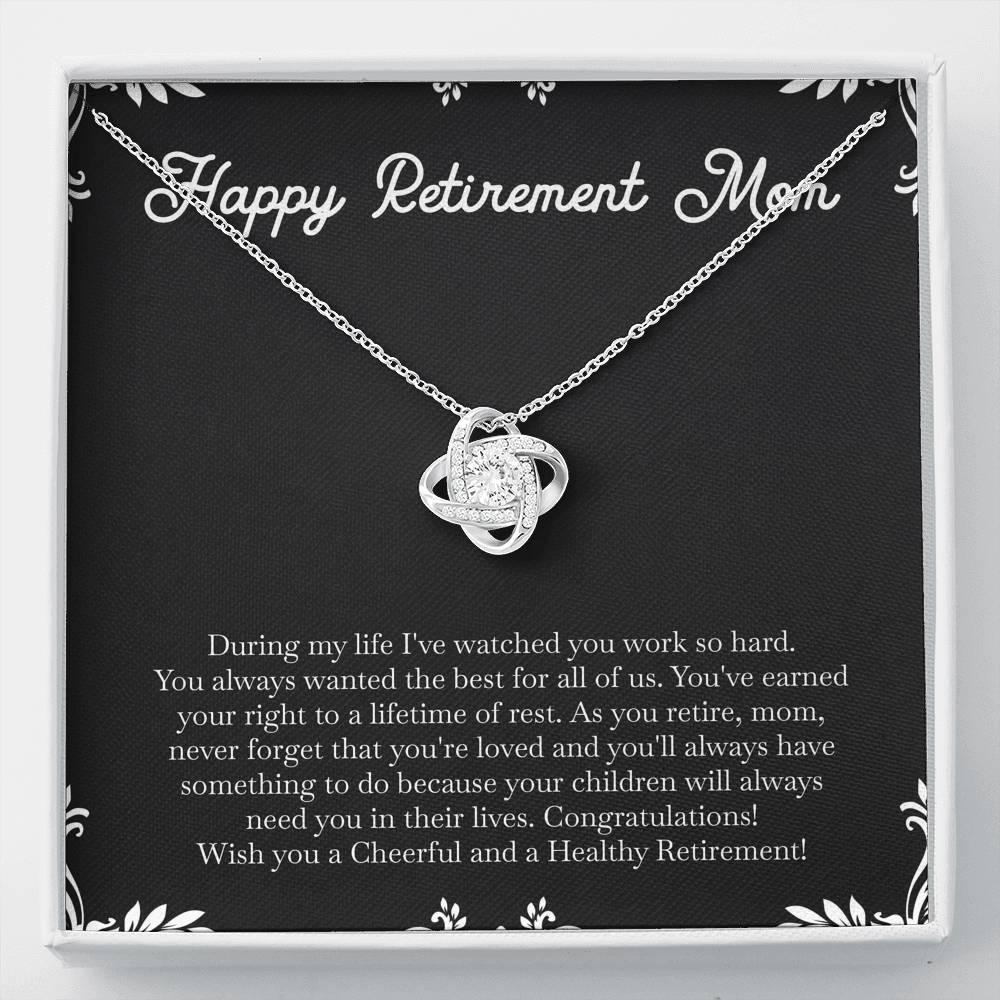 Mom Retirement Gifts, Never Forget, Happy Retirement Love Knot Necklace For Women, Retirement Party Favor From Daughter Son