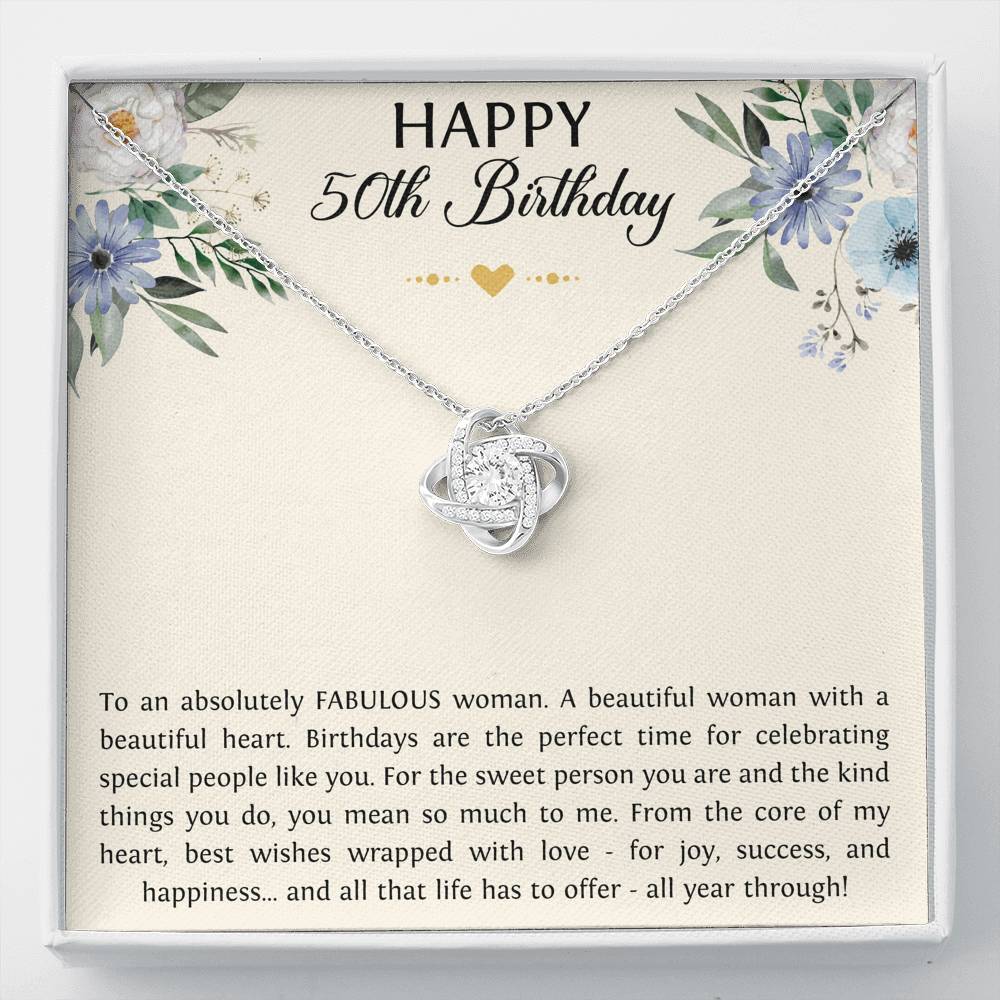 50th Birthday Gifts For Women, To A Fabulous Woman, Love Knot Necklace, Happy Birthday Message Card Jewelry For Mom