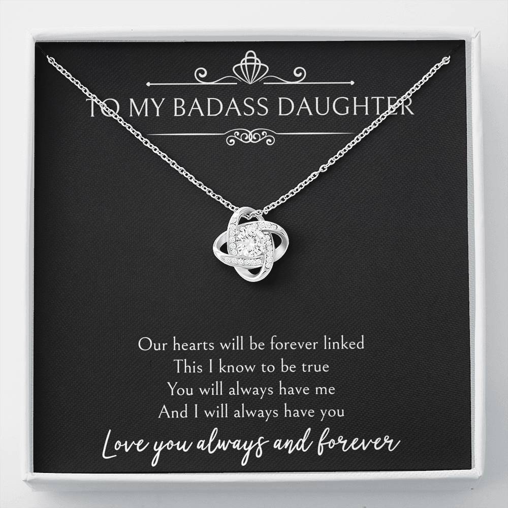 To My Badass Daughter Gifts, Our Hearts Will Be Forever Linked, Love Knot Necklace For Women, Birthday Present Ideas From Mom Dad