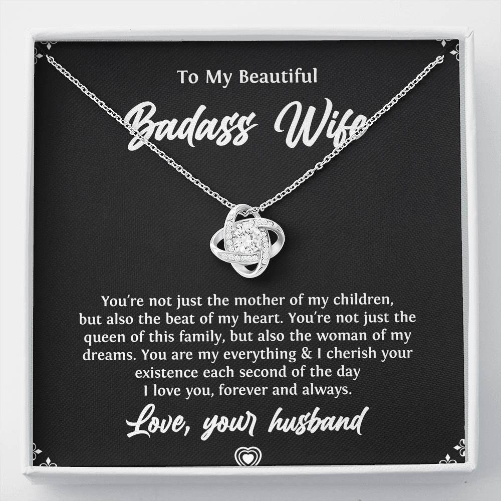 To My Badass Wife, Beat Of My Heart, Love Knot Necklace For Women, Anniversary Birthday Valentines Day Gifts From Husband