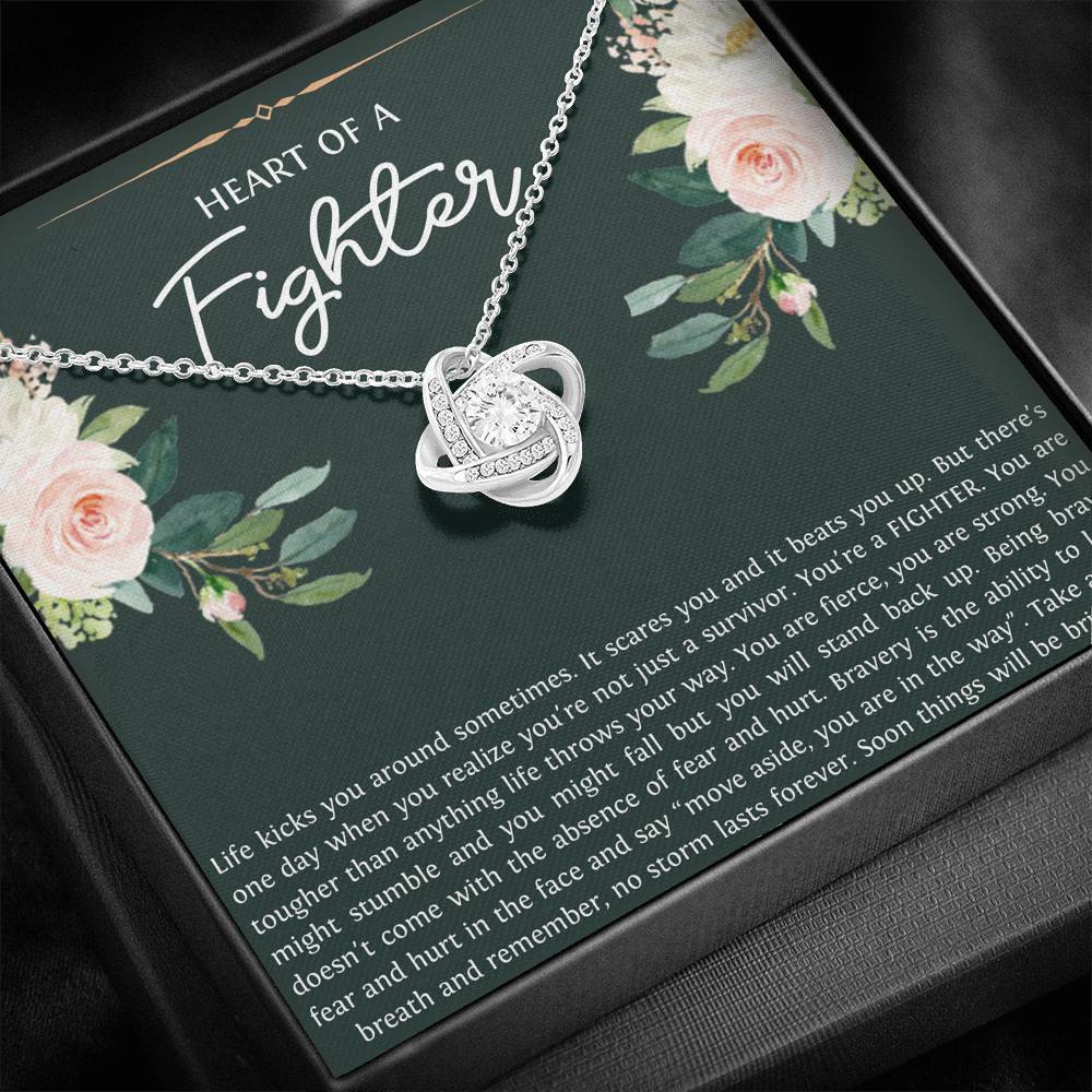 Encouragement Gifts, Heart of a Fighter, Motivational Love Knot Necklace For Women, Sympathy Inspiration Friendship Present