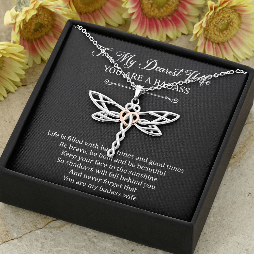 To My Badass Wife, Be Brave, Dragonfly Necklace For Women, Anniversary Birthday Valentines Day Gifts From Husband