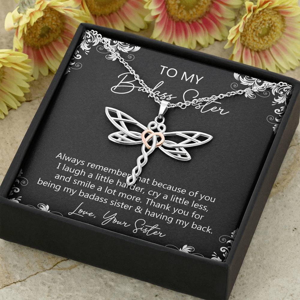 To My Badass Sister Gifts, Always Remember, Dragonfly Necklace For Women, Birthday Present Idea From Sister