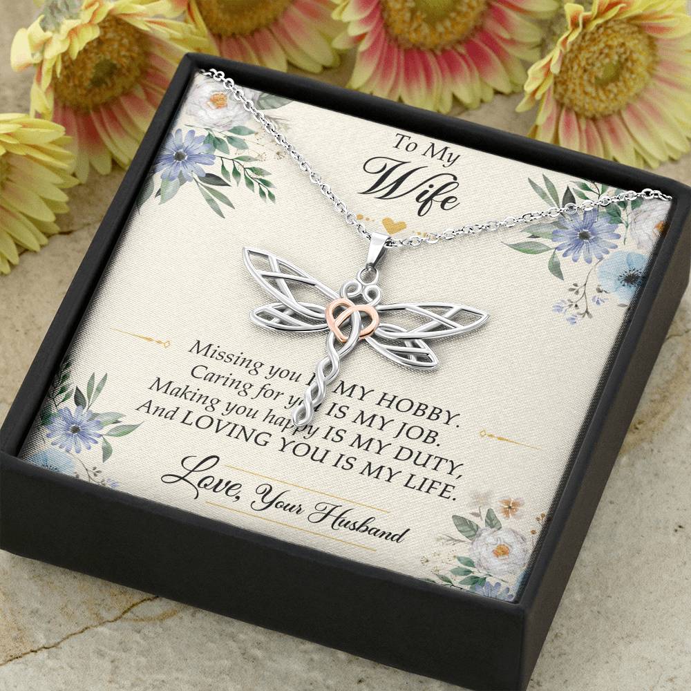 To My Wife, Missing You Is My Hobby, Dragonfly Necklace For Women, Anniversary Birthday Gifts From Husband