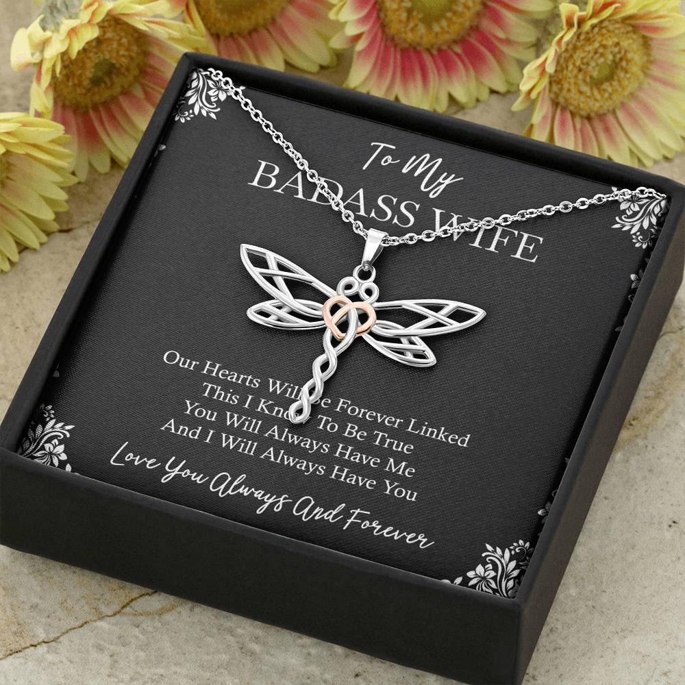 To My Badass Wife, You Will Always Have Me, Dragonfly Necklace For Women, Anniversary Birthday Valentines Day Gifts From Husband