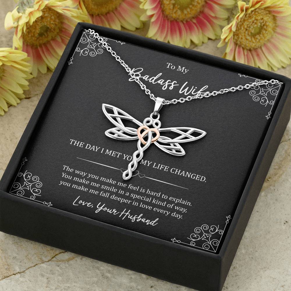 To My Badass Wife, The Day I Met You My Life Changed, Dragonfly Necklace For Women, Anniversary Birthday Gifts From Husband