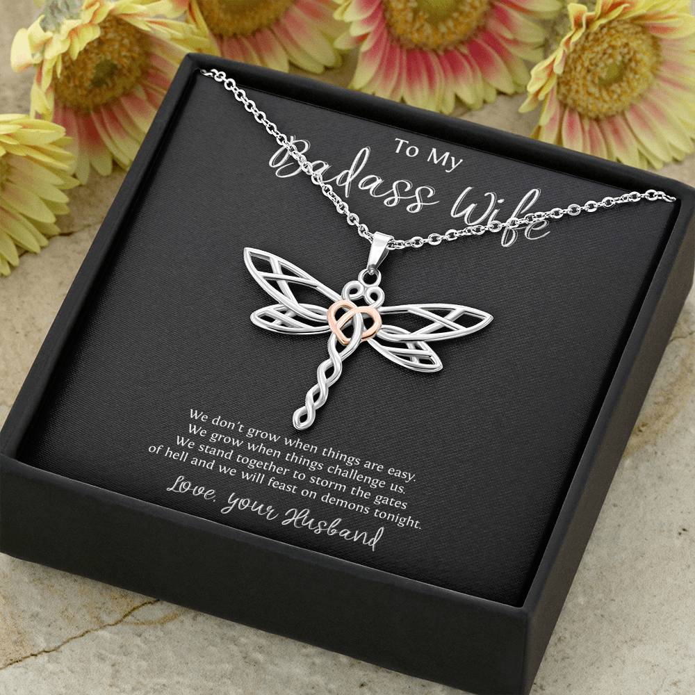 To My Badass Wife, We Stand Together, Dragonfly Necklace For Women, Anniversary Birthday Valentines Day Gifts From Husband