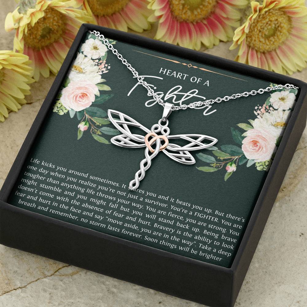 Encouragement Gifts, Heart of a Fighter, Motivational Dragonfly Necklace For Women, Sympathy Inspiration Friendship Present