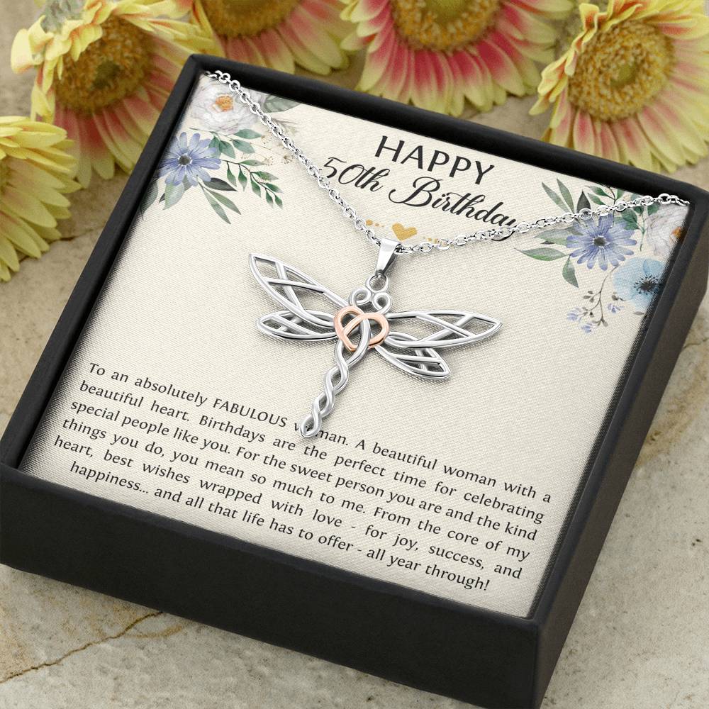 Fabulous Woman Dragonfly Necklace - Beautiful Heart Design | 50th Birthday Gift