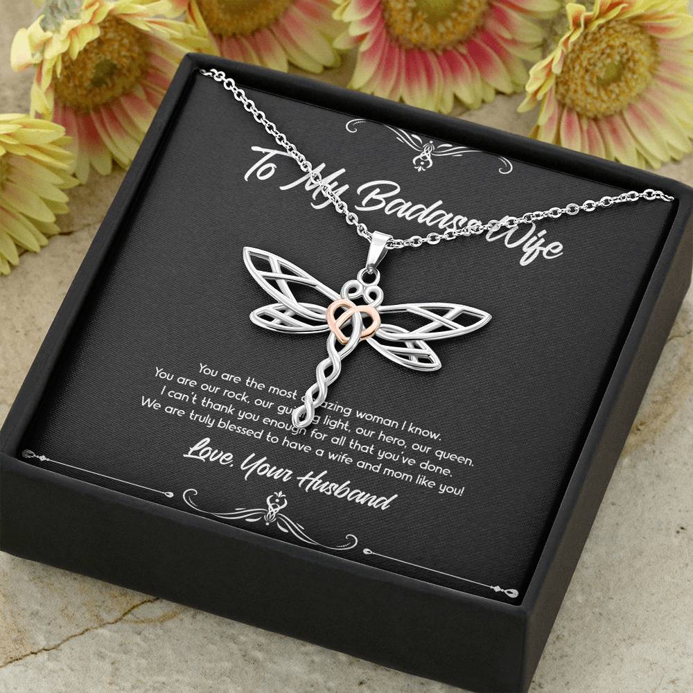 To My Badass Wife, You Are Our Rock, Dragonfly Necklace For Women, Anniversary Birthday Valentines Day Gifts From Husband