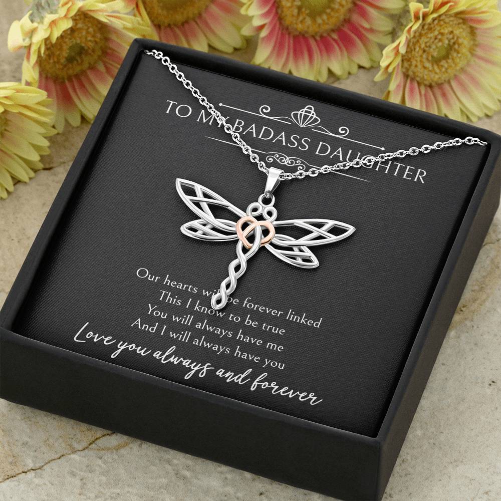 To My Badass Daughter Gifts, Our Hearts Will Be Forever Linked, Dragonfly Necklace For Women, Birthday Present Ideas From Mom Dad