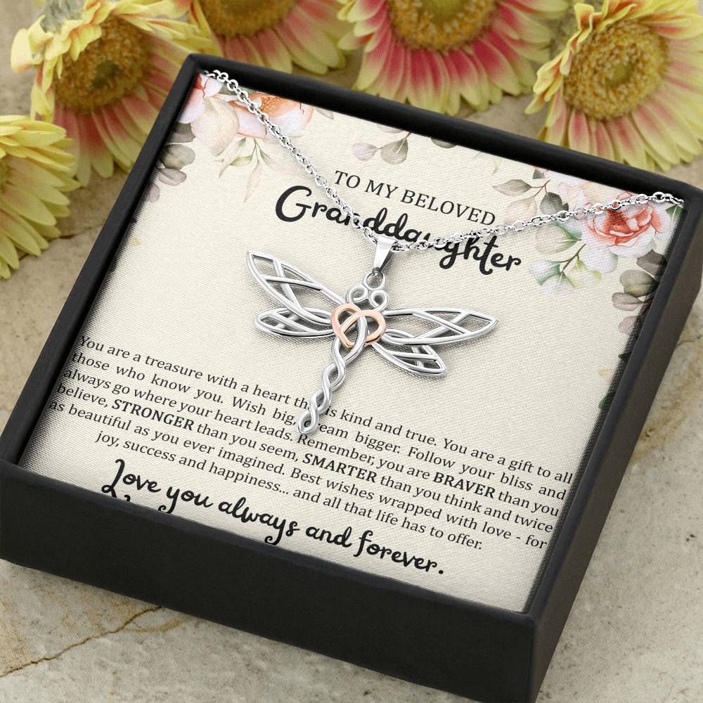To My Granddaughter Gifts, You Are A Treasure With A Heart, Dragonfly Necklace For Women, Birthday Present Idea From Grandma