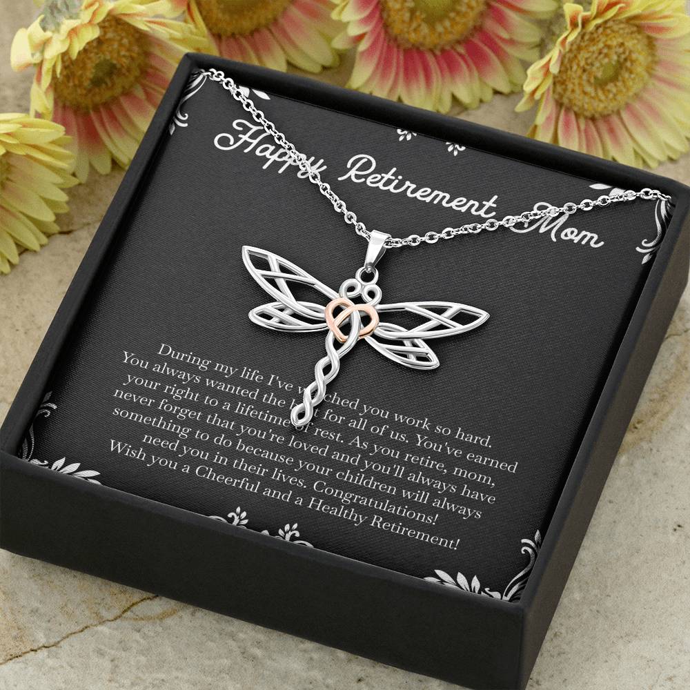 Mom Retirement Gifts, Never Forget, Happy Retirement Dragonfly Necklace For Women, Retirement Party Favor From Daughter Son