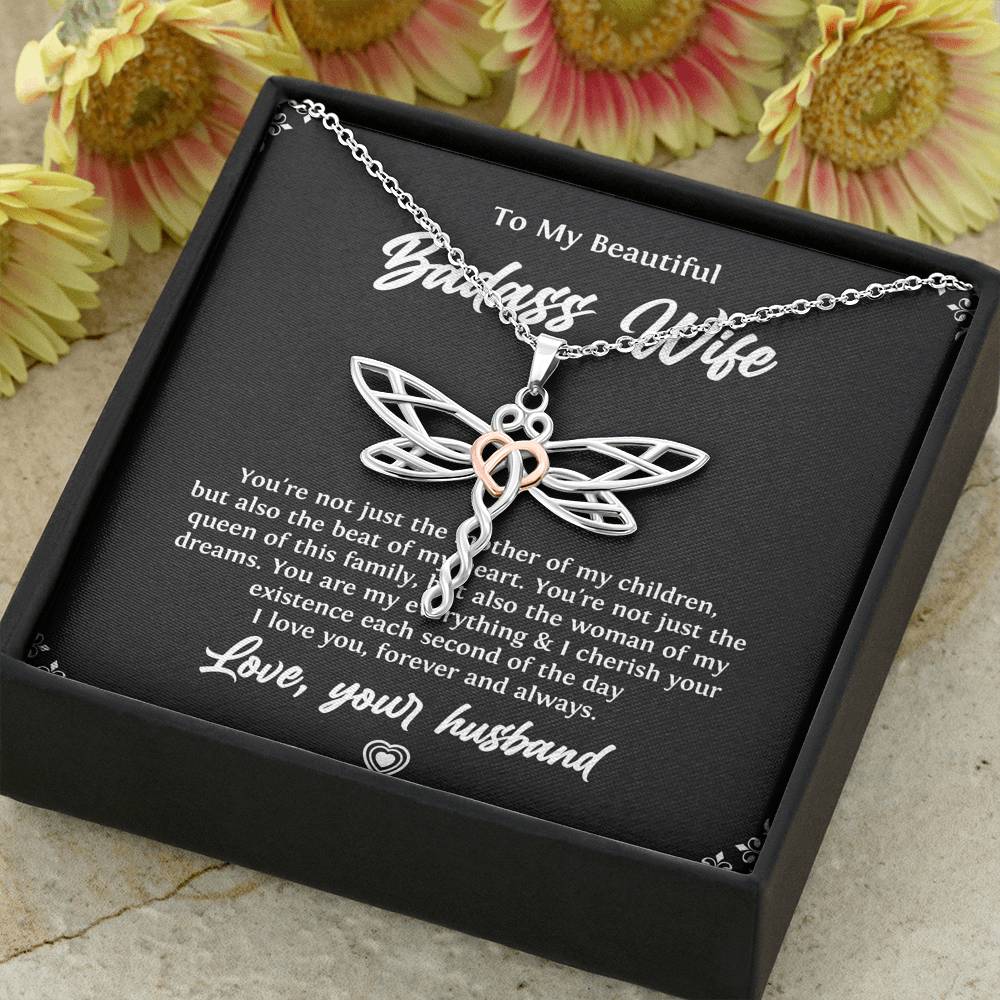 To My Badass Wife, Beat Of My Heart, Dragonfly Necklace For Women, Anniversary Birthday Valentines Day Gifts From Husband